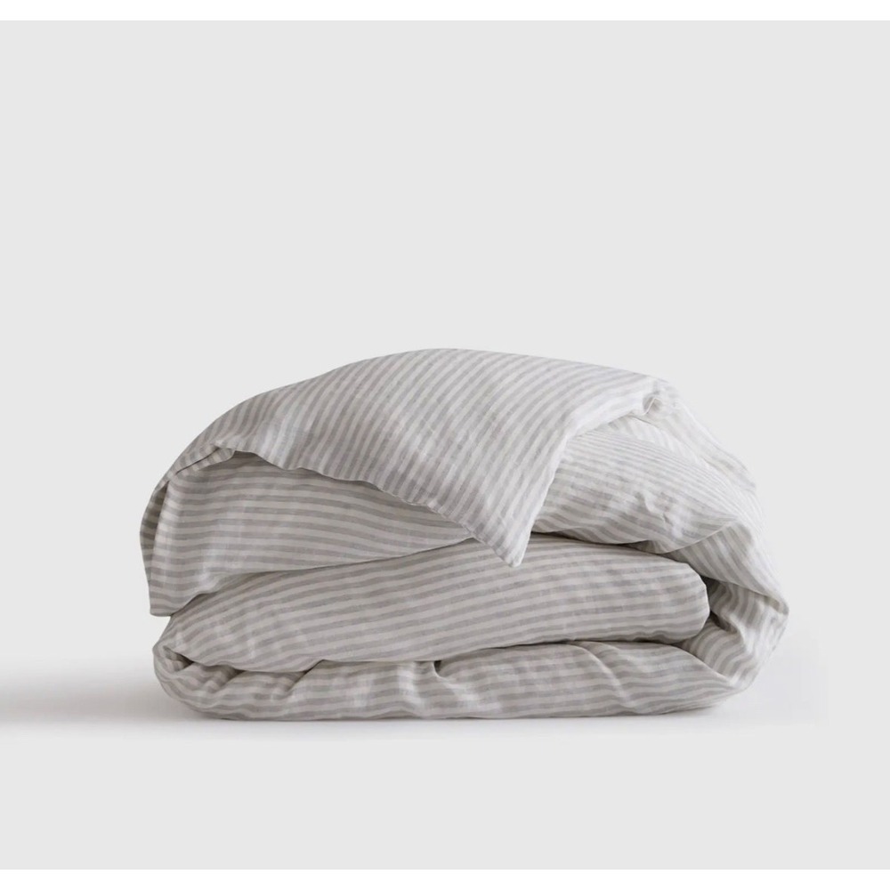 New QUINCE European Linen Stripe Duvet Cover (Mist/White) King/CalKing
